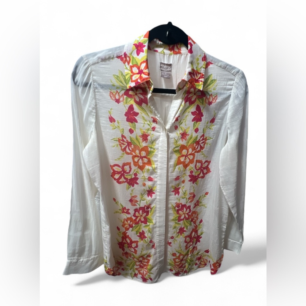 Chicos Flower-and-Vine-Trimmed Button-Down Shirt